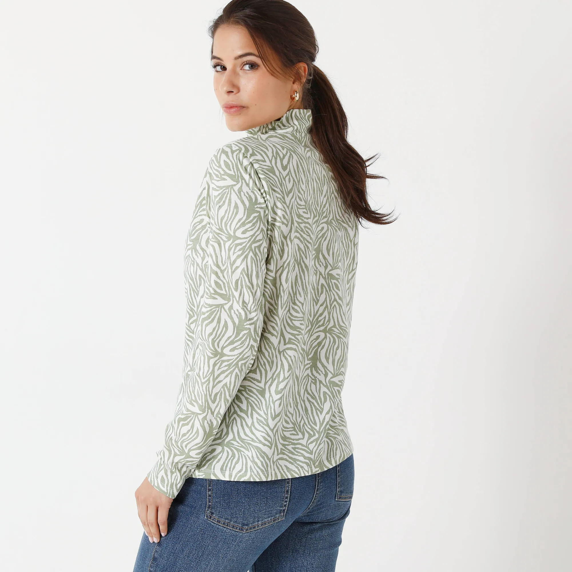 T-Shirt En Topje<Blancheporte T-shirt met opstaande ritskraag en zebraprint amandel groen