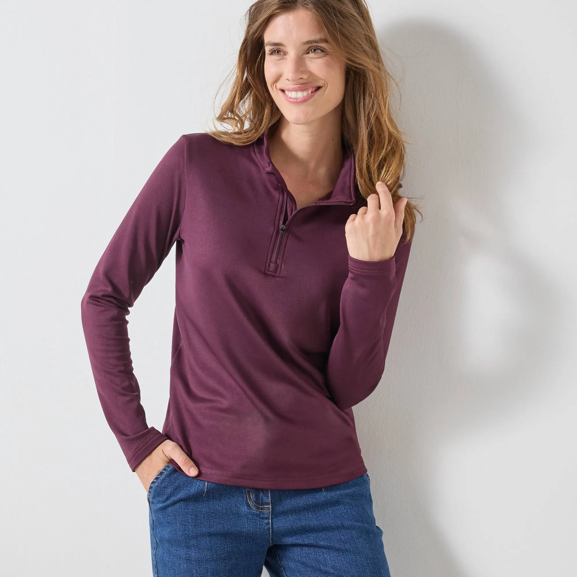Thermisch Ondergoed<Blancheporte T-shirt met opstaande ritskraag en lange mouwen, intense warmte pruim
