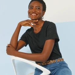 T-Shirt En Topje<Blancheporte T-shirt met ronde hals en korte mouwen, detail in broderie anglaise zwart