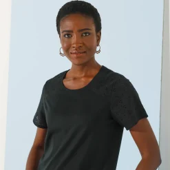 T-Shirt En Topje<Blancheporte T-shirt met ronde hals en korte mouwen, detail in broderie anglaise zwart