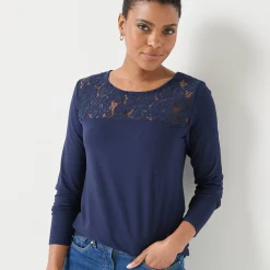 T-Shirt En Topje<Blancheporte T-shirt met ronde hals en lange mouwen in kant marine