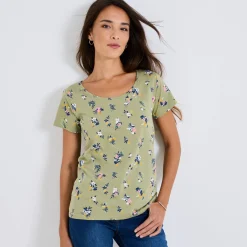 T-Shirt En Topje<Blancheporte T-shirt met ronde hals en bloemenprint, katoen lichtkaki
