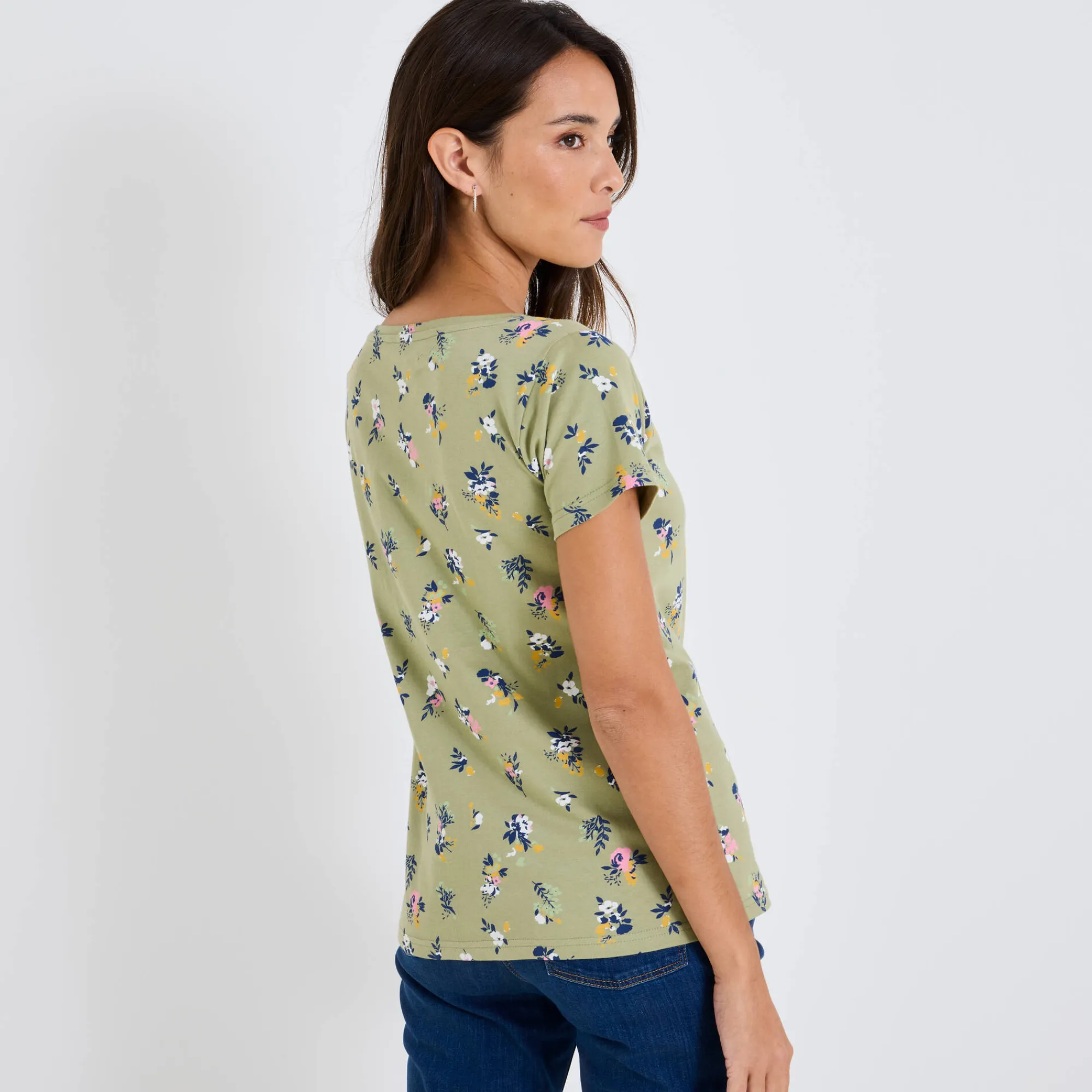 T-Shirt En Topje<Blancheporte T-shirt met ronde hals en bloemenprint, katoen lichtkaki
