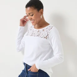 T-Shirt En Topje<Blancheporte T-shirt met ronde hals en lange mouwen in kant wit