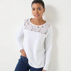 T-Shirt En Topje<Blancheporte T-shirt met ronde hals en lange mouwen in kant wit