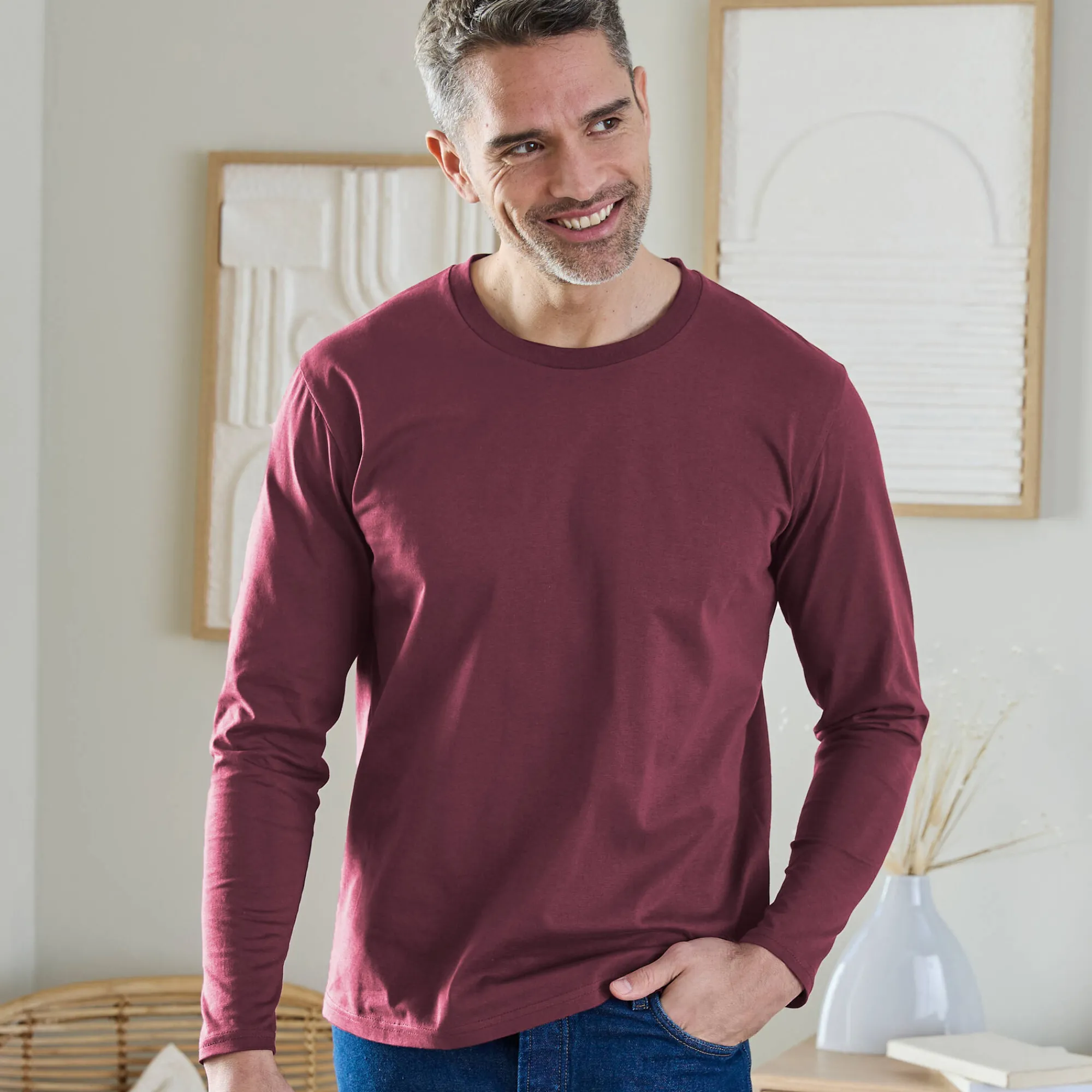 T-Shirt, Hemd En Polo<Blancheporte T-shirt met ronde hals en lange mouwen - set van 3 bordeaux + marine + blauw