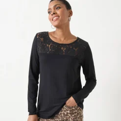 T-Shirt En Topje<Blancheporte T-shirt met ronde hals en lange mouwen in kant zwart
