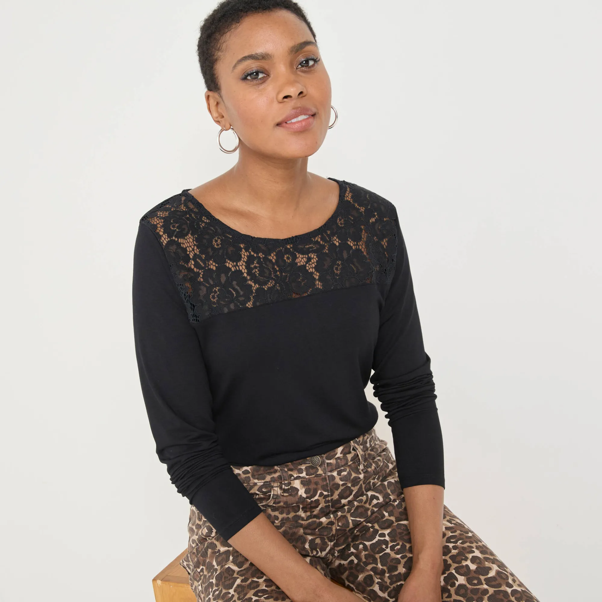 T-Shirt En Topje<Blancheporte T-shirt met ronde hals en lange mouwen in kant zwart