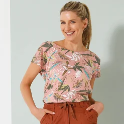 T-Shirt En Topje<Blancheporte T-shirt met ronde hals en tropische print koraal / kaki