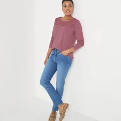 T-Shirt En Topje<Blancheporte T-shirt met ronde hals en lange mouwen in kant chiné rozenhout