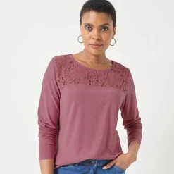 T-Shirt En Topje<Blancheporte T-shirt met ronde hals en lange mouwen in kant chiné rozenhout