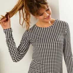 T-Shirt En Topje<Blancheporte T-shirt met ronde hals en pied-de-poule print, stretch zwart / wit