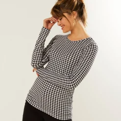 T-Shirt En Topje<Blancheporte T-shirt met ronde hals en pied-de-poule print, stretch zwart / wit
