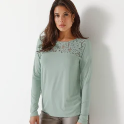 T-Shirt En Topje<Blancheporte T-shirt met ronde hals en lange mouwen in kant amandel groen