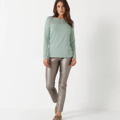 T-Shirt En Topje<Blancheporte T-shirt met ronde hals en lange mouwen in kant amandel groen
