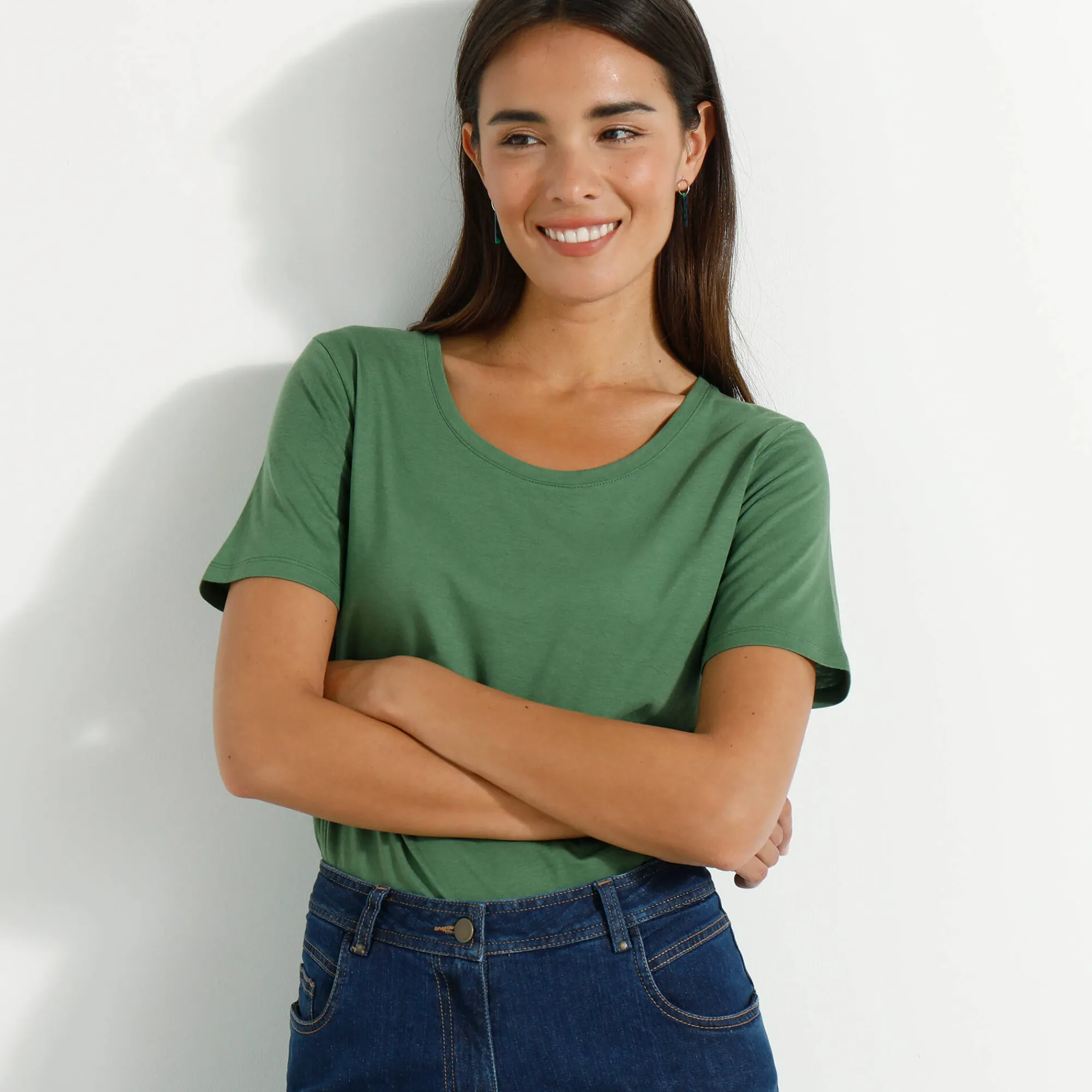 T-Shirt En Topje<Blancheporte T-shirt met ronde hals en korte mouwen mosgroen