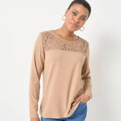 T-Shirt En Topje<Blancheporte T-shirt met ronde hals en lange mouwen in kant chiné hazelnootbruin