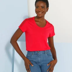 T-Shirt En Topje<Blancheporte T-shirt met ronde hals in kant framboos