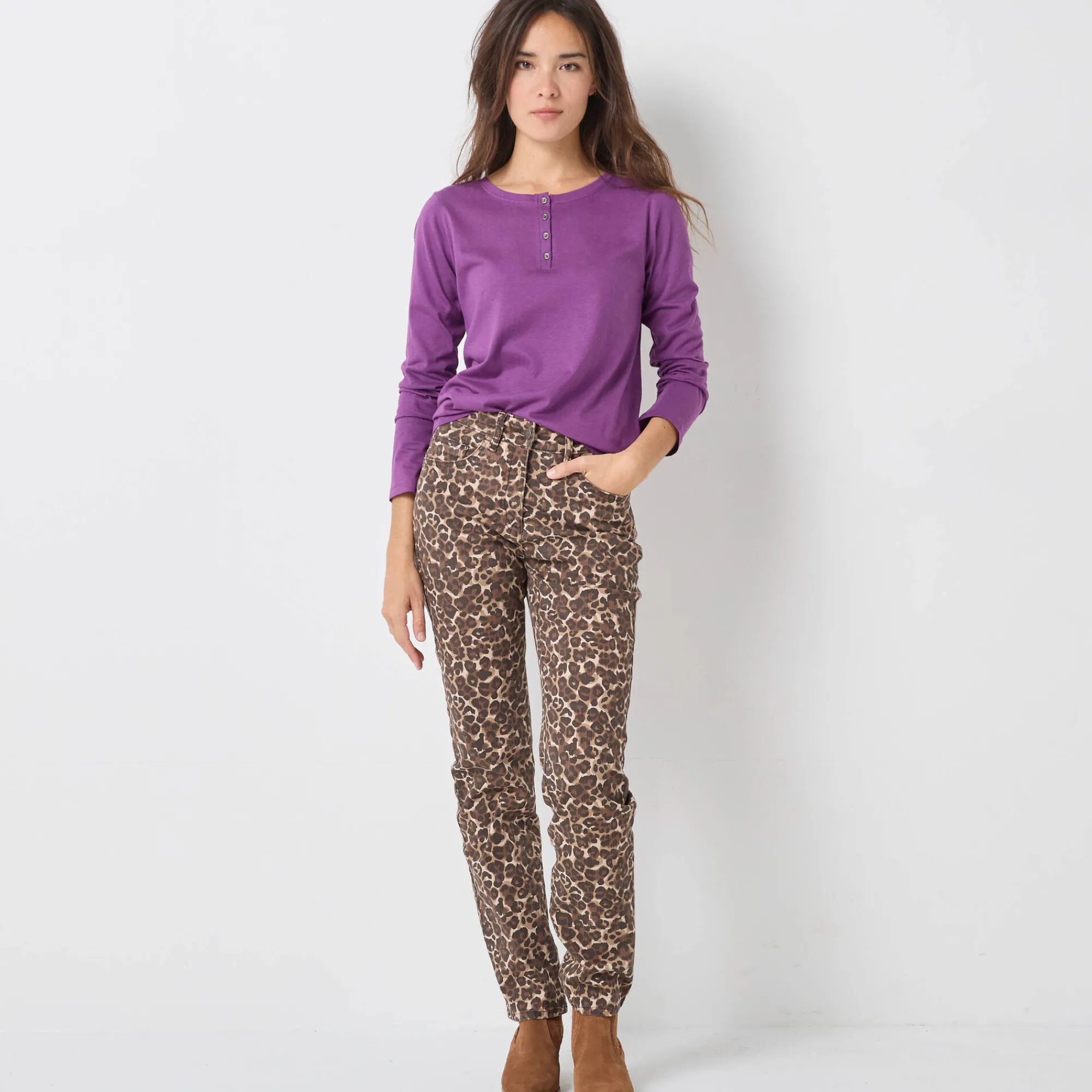 T-Shirt En Topje<Blancheporte T-shirt met Tunesische hals en lange mouwen paars