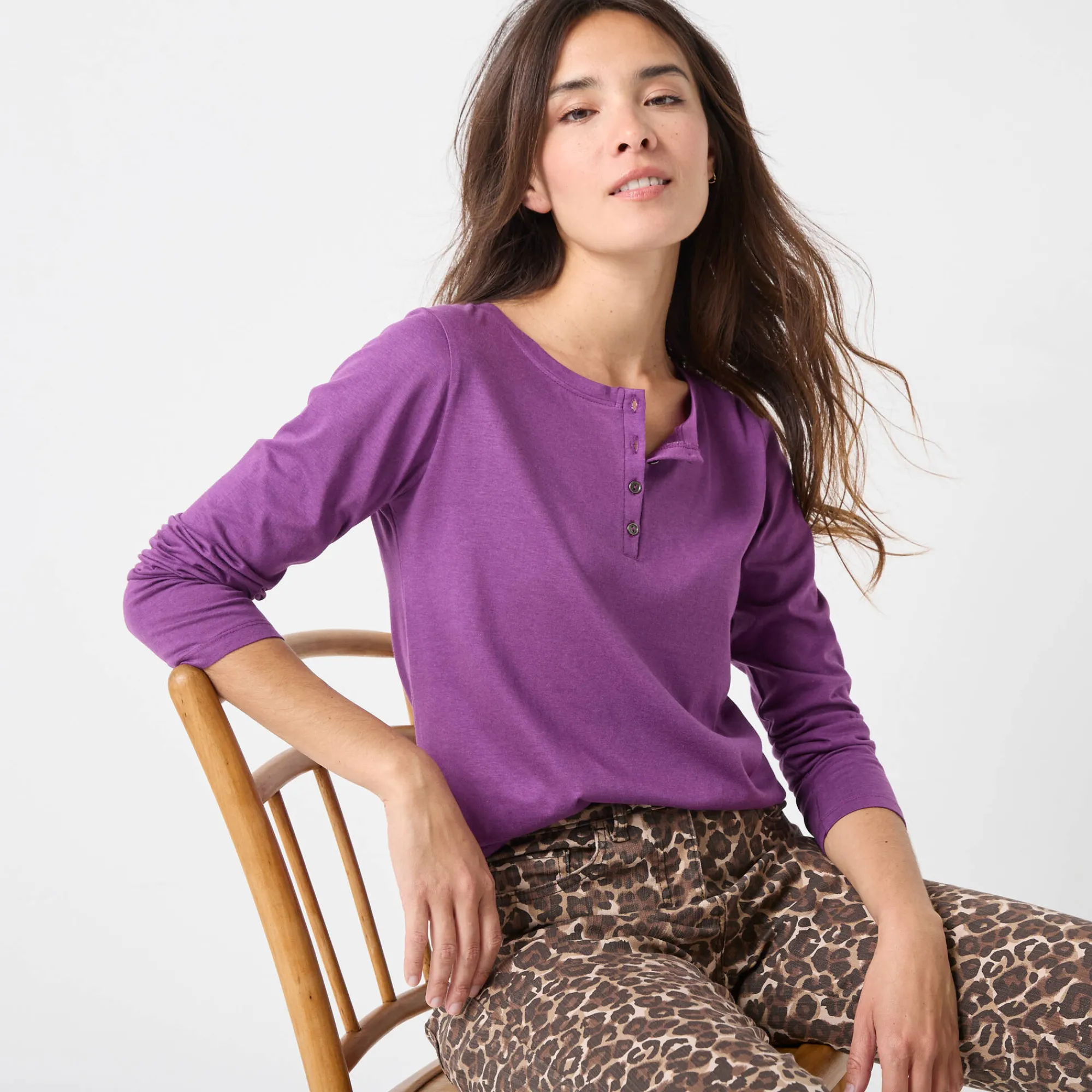 T-Shirt En Topje<Blancheporte T-shirt met Tunesische hals en lange mouwen paars
