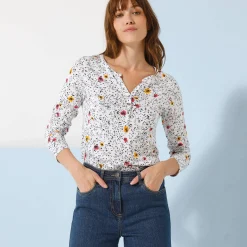 T-Shirt En Topje<Blancheporte T-shirt met Tunesische hals en lange mouwen, bedrukt wit