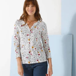 T-Shirt En Topje<Blancheporte T-shirt met Tunesische hals en lange mouwen, bedrukt wit