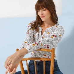 T-Shirt En Topje<Blancheporte T-shirt met Tunesische hals en lange mouwen, bedrukt wit