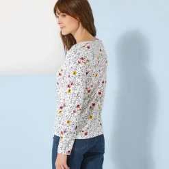 T-Shirt En Topje<Blancheporte T-shirt met Tunesische hals en lange mouwen, bedrukt wit