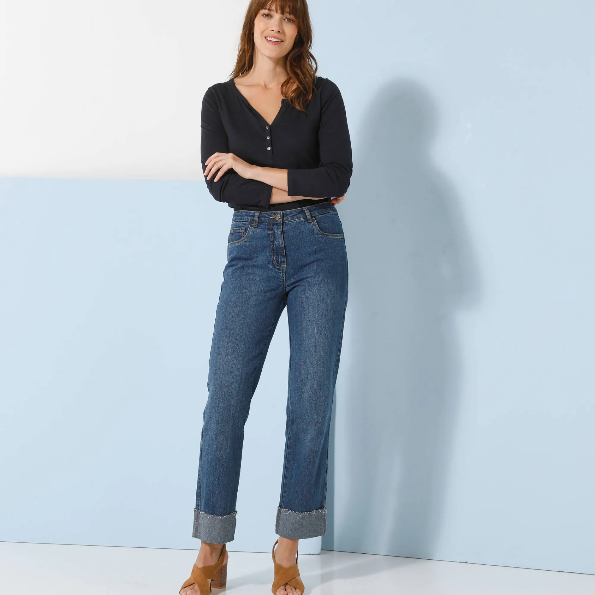 T-Shirt En Topje<Blancheporte T-shirt met Tunesische hals en lange mouwen, effen marine