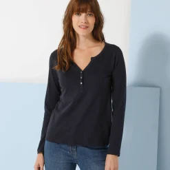 T-Shirt En Topje<Blancheporte T-shirt met Tunesische hals en lange mouwen, effen marine