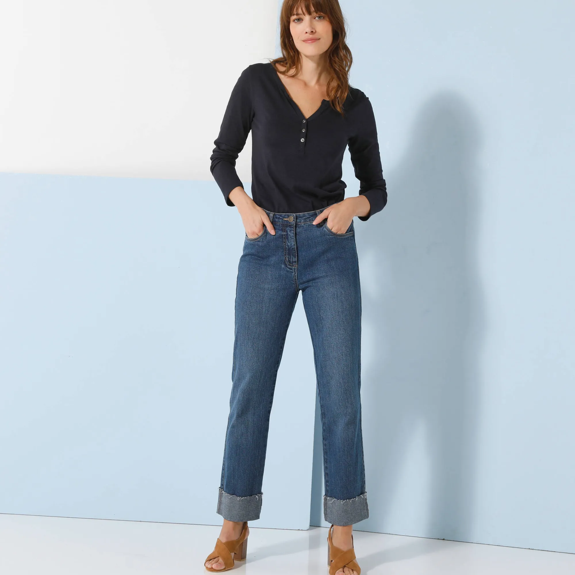 T-Shirt En Topje<Blancheporte T-shirt met Tunesische hals en lange mouwen, effen marine