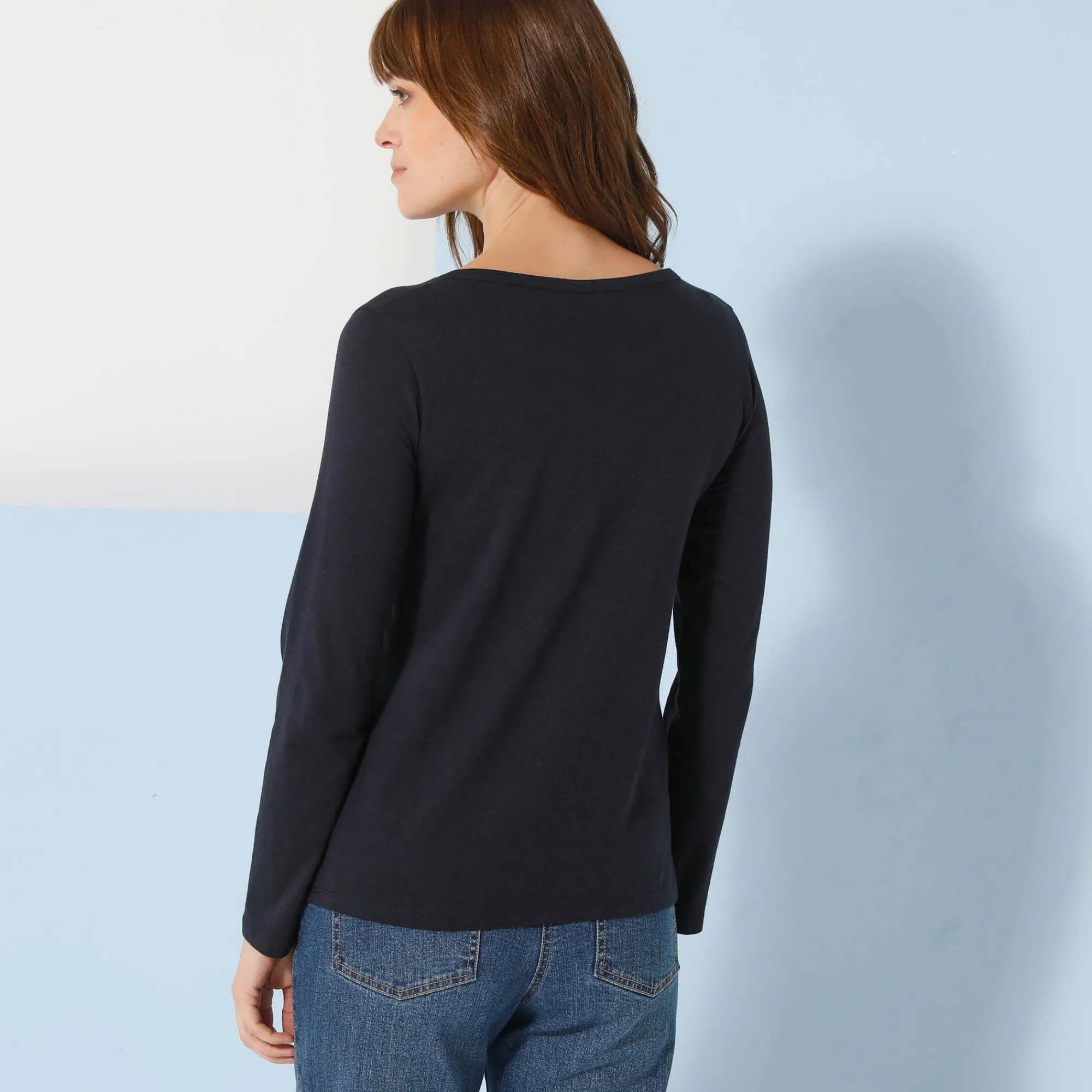 T-Shirt En Topje<Blancheporte T-shirt met Tunesische hals en lange mouwen, effen marine
