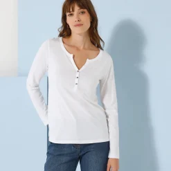 T-Shirt En Topje<Blancheporte T-shirt met Tunesische hals en lange mouwen, effen wit