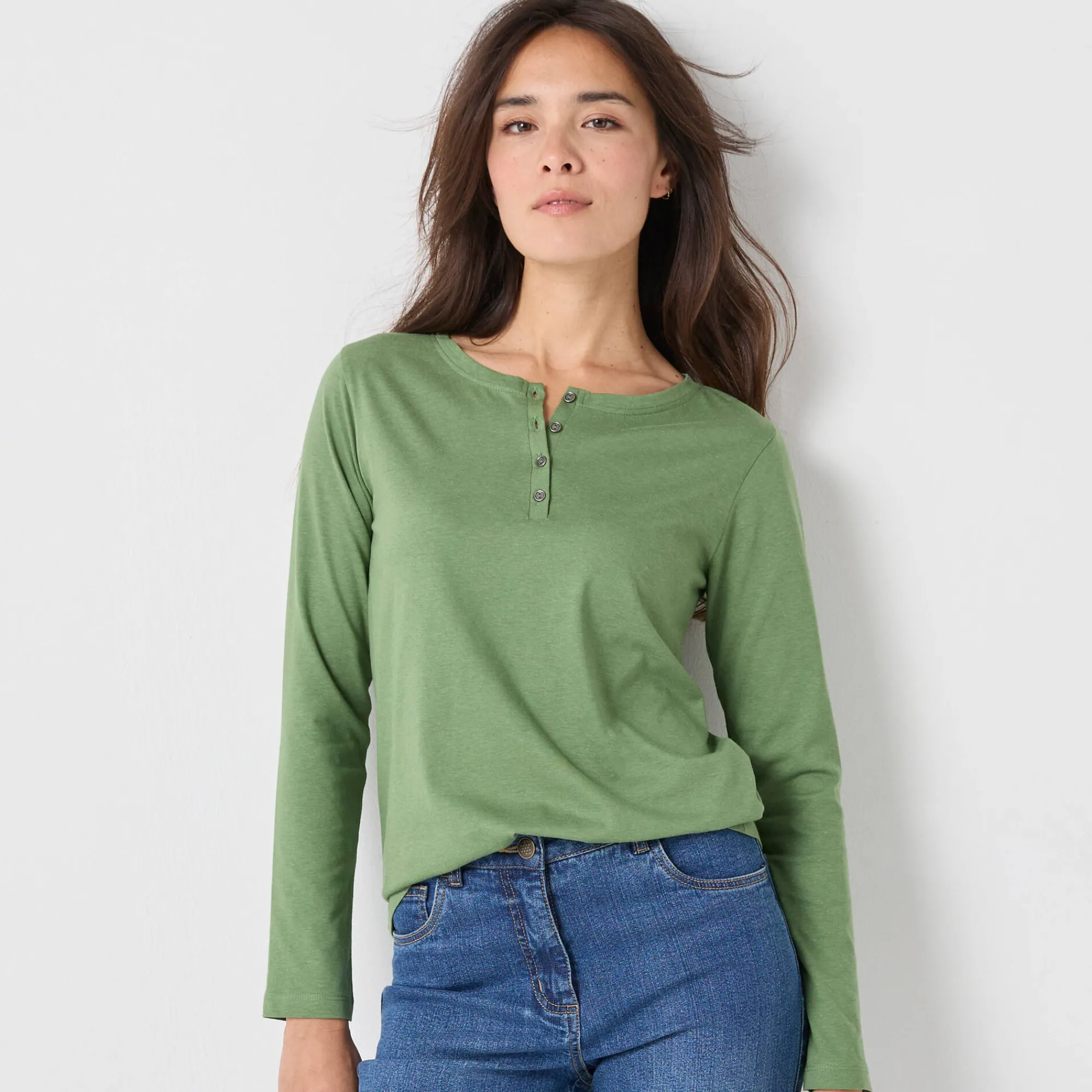 T-Shirt En Topje<Blancheporte T-shirt met Tunesische hals en lange mouwen mosgroen