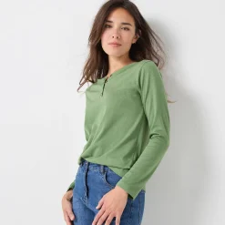 T-Shirt En Topje<Blancheporte T-shirt met Tunesische hals en lange mouwen mosgroen