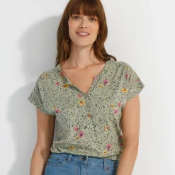 T-Shirt En Topje<Blancheporte T-shirt met Tunesische hals en korte mouwen, bedrukt kaki