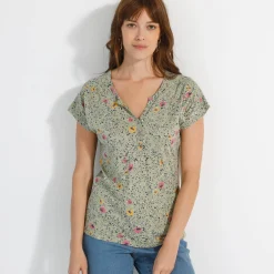 T-Shirt En Topje<Blancheporte T-shirt met Tunesische hals en korte mouwen, bedrukt kaki