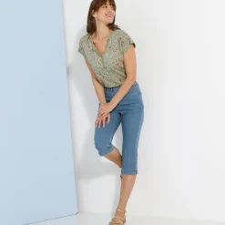 T-Shirt En Topje<Blancheporte T-shirt met Tunesische hals en korte mouwen, bedrukt kaki
