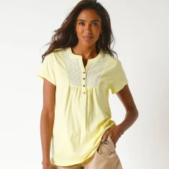 T-Shirt En Topje<Blancheporte T-shirt met Tunesische hals en broderie anglaise geel