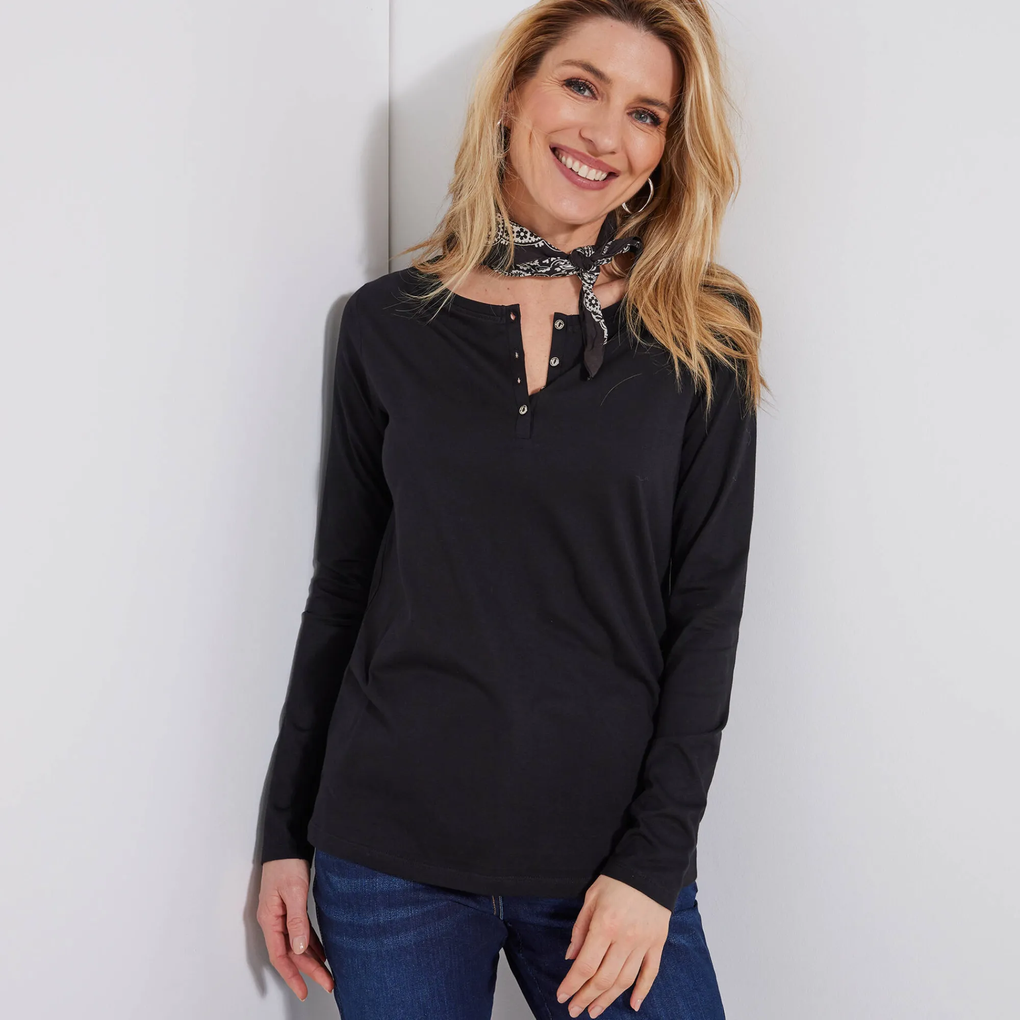 T-Shirt En Topje<Blancheporte T-shirt met Tunesische hals en lange mouwen zwart