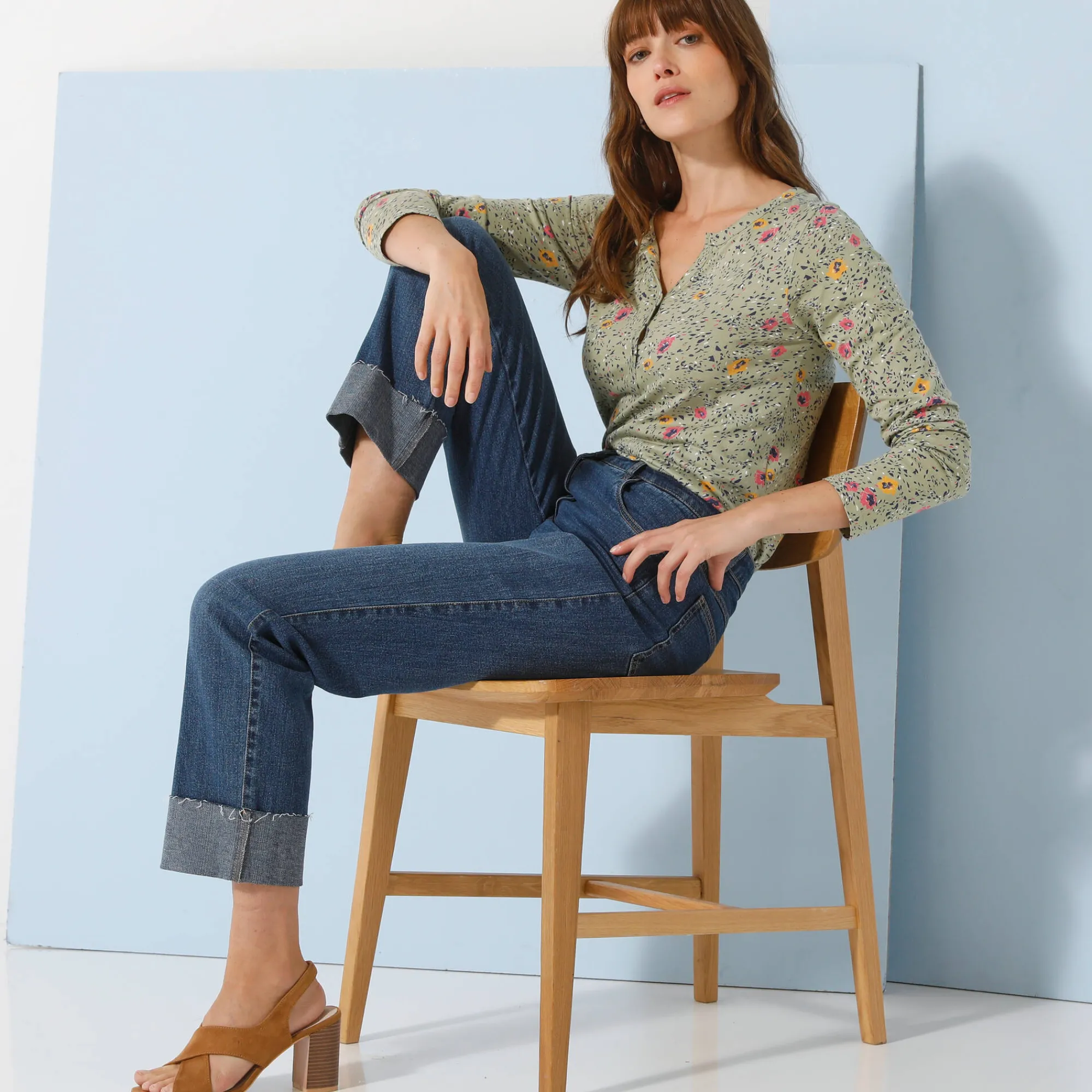 T-Shirt En Topje<Blancheporte T-shirt met Tunesische hals en lange mouwen, bedrukt kaki