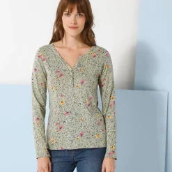 T-Shirt En Topje<Blancheporte T-shirt met Tunesische hals en lange mouwen, bedrukt kaki