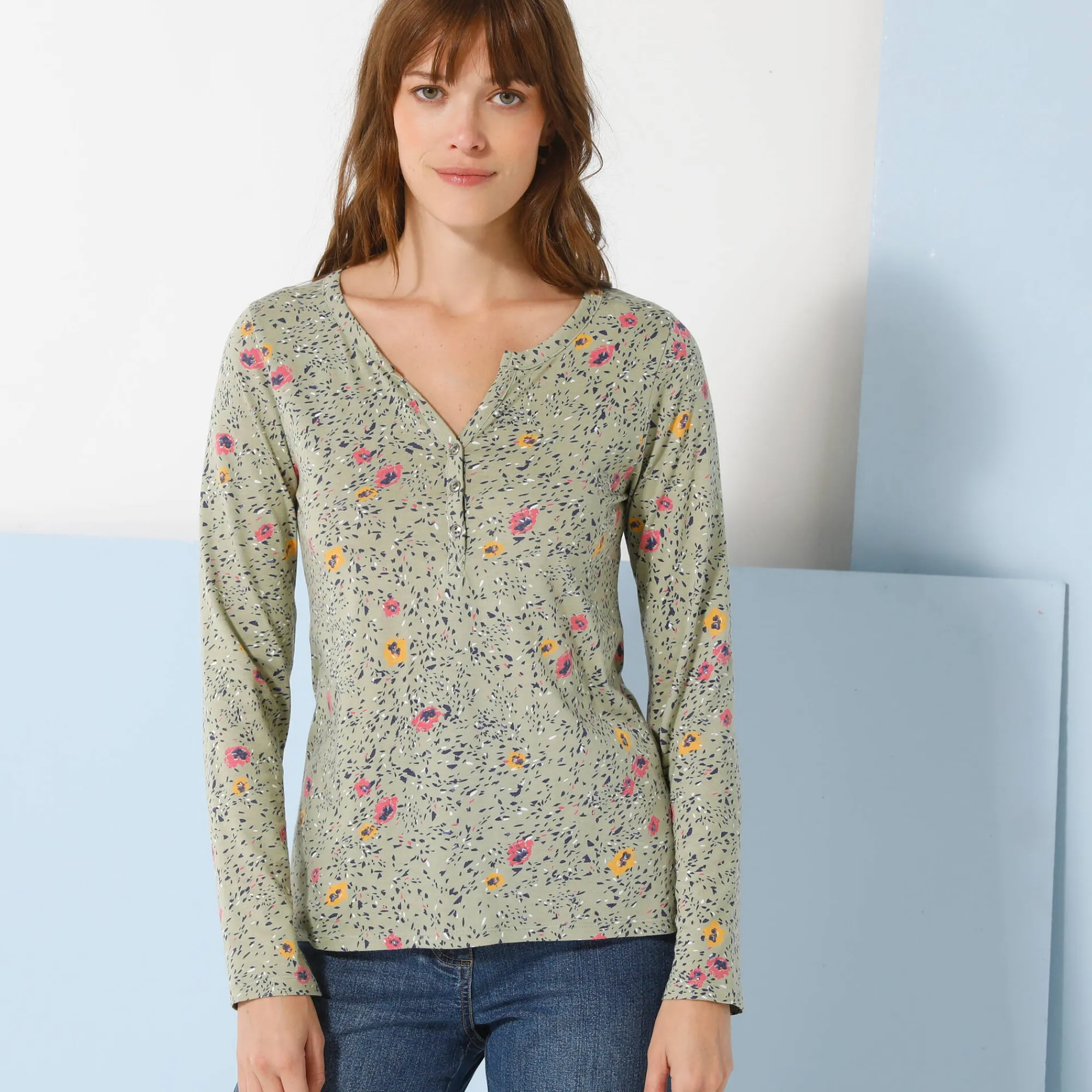 T-Shirt En Topje<Blancheporte T-shirt met Tunesische hals en lange mouwen, bedrukt kaki