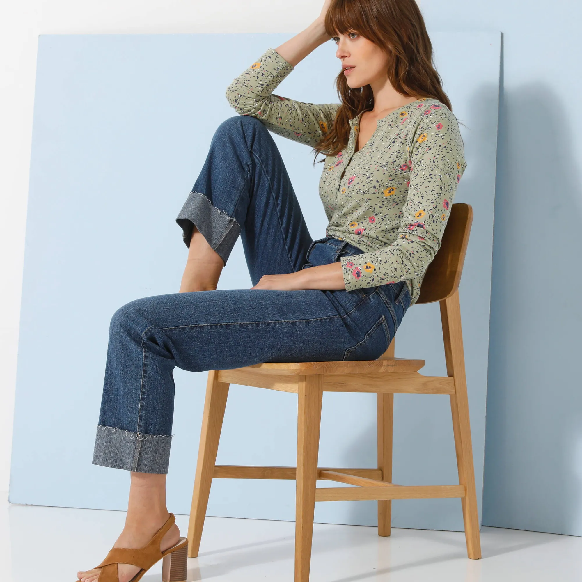 T-Shirt En Topje<Blancheporte T-shirt met Tunesische hals en lange mouwen, bedrukt kaki