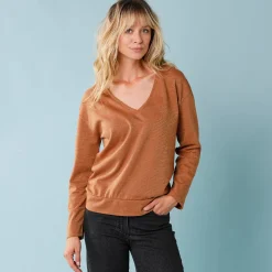 T-Shirt En Topje<Blancheporte T-shirt met V-hals en glansdraad, kleine lengtes hazelnootbruin