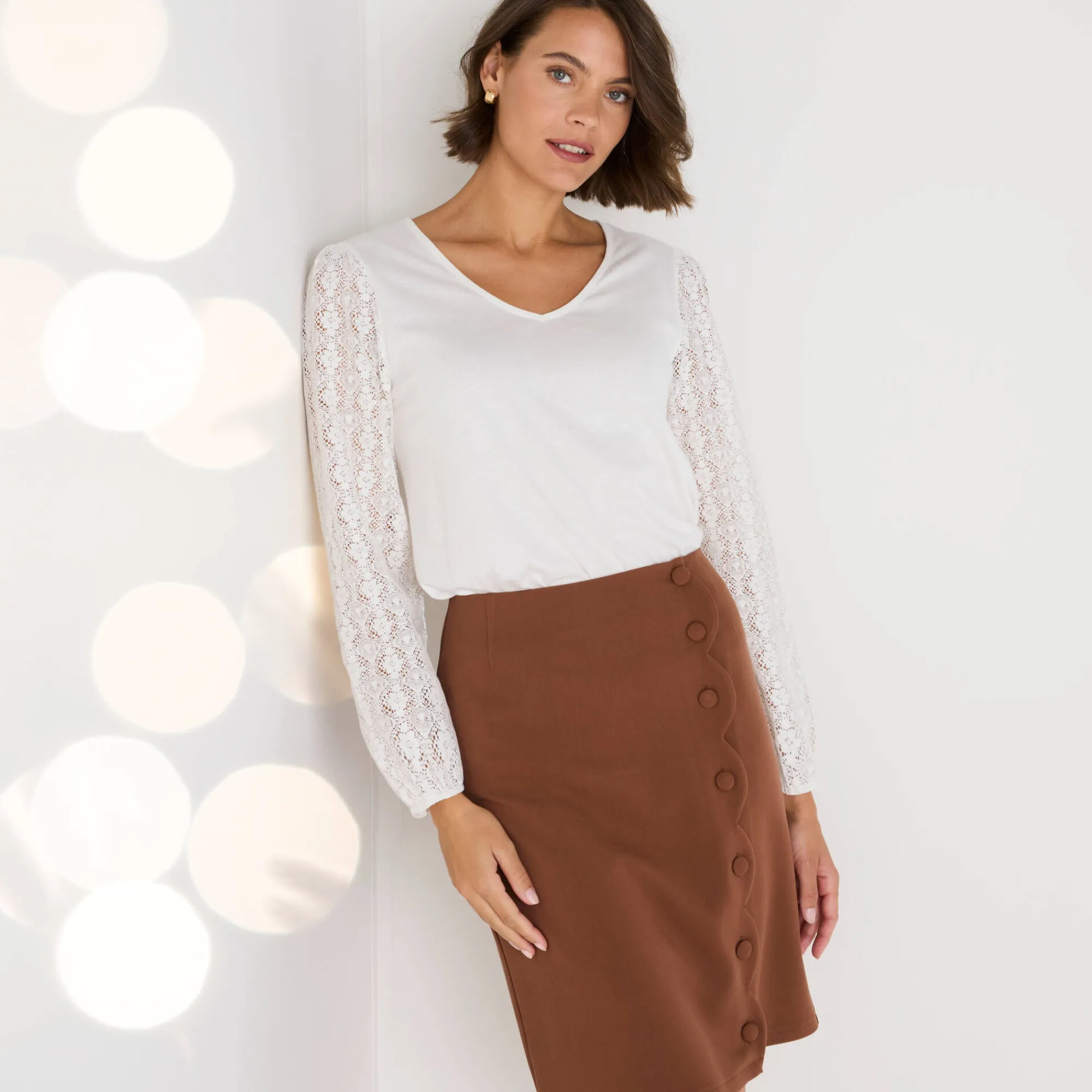 Feestoutfits Dames|T-Shirt En Topje<Blancheporte T-shirt met V-hals en kanten mouwen ecru