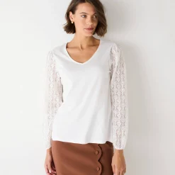 Feestoutfits Dames|T-Shirt En Topje<Blancheporte T-shirt met V-hals en kanten mouwen ecru