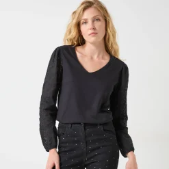 Feestoutfits Dames|T-Shirt En Topje<Blancheporte T-shirt met V-hals en kanten mouwen zwart