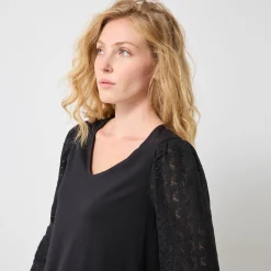 Feestoutfits Dames|T-Shirt En Topje<Blancheporte T-shirt met V-hals en kanten mouwen zwart