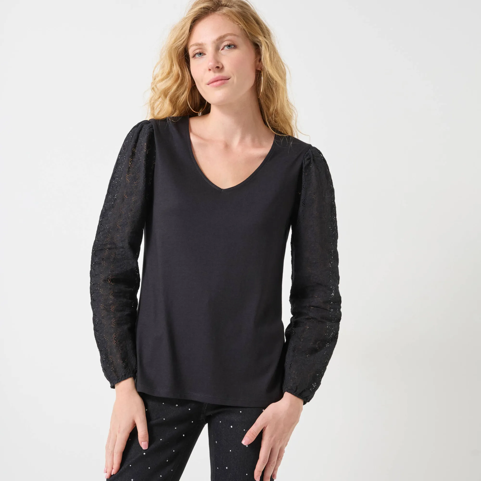 Feestoutfits Dames|T-Shirt En Topje<Blancheporte T-shirt met V-hals en kanten mouwen zwart